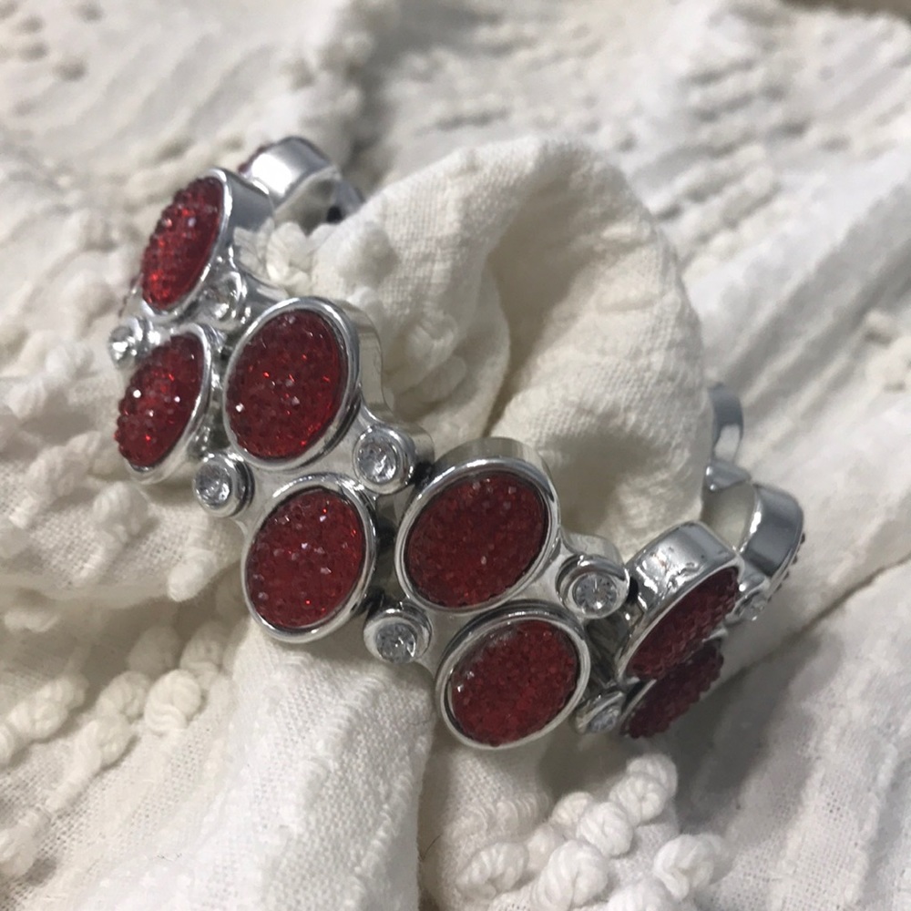Red Jeweled and Rhinestone Silver Bracelet